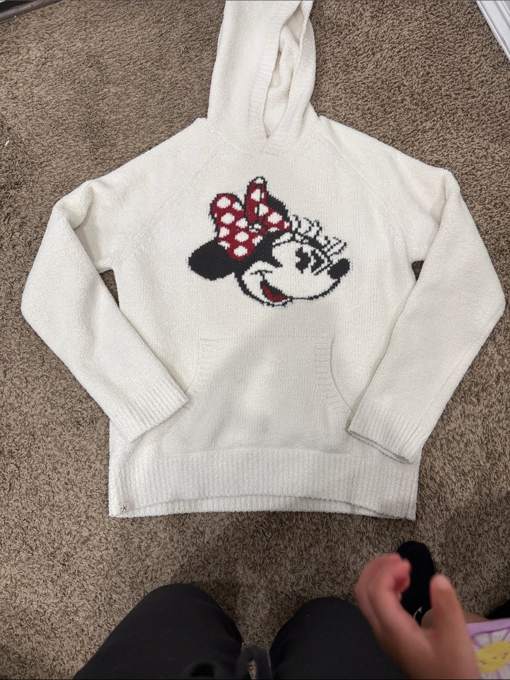 Barefoot Dreams Cream Hoodie Sweater with Minnie Mouse Graphic and Red Bow